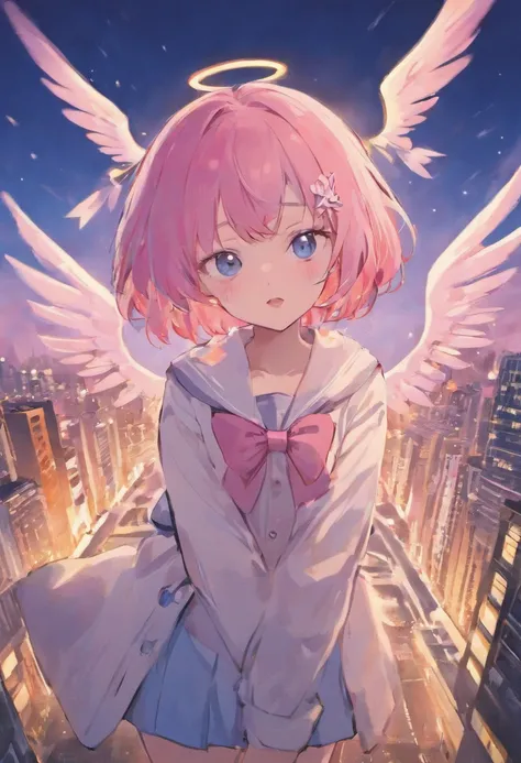 skistyle, 1girl, solo, pink hair, animal ears, blue eyes, wings, looking at viewer, bangs, short hair, bow, sailor collar, white sailor collar, hair bow, pink bow, closed mouth, shirt, white shirt, bear ears, bob cut, mini wings, portrait, detached wings, ...