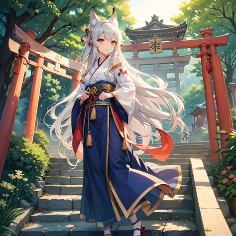 masterpiece best quality　mid night　Fox-eared beauty　Cute girl with silver hair　Priestess clothing　　torii gate　stairway　　Fantastical　Mystical　Wonderland　Taiko Bridge in the city of Kyoto　a river　The Afterlife and This World