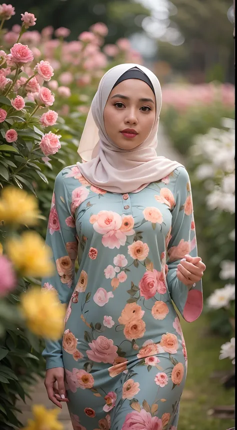 photo of a young bookish malay woman wearing a hijab walking in a flower garden, the woman wearing a pastel floral patterned baj...