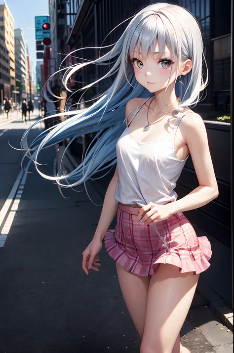 (masutepiece, Best Quality:1.2), 1girl in, Solo, Cute, kawaii, Digital Art、Aimei、(Long, beautiful, blue hair.flutter in the wind)、Short tank top、a miniskirt、The hustle and bustle of the city、Colorful cyberpunk city background,during daytime, Embarrassed ex...