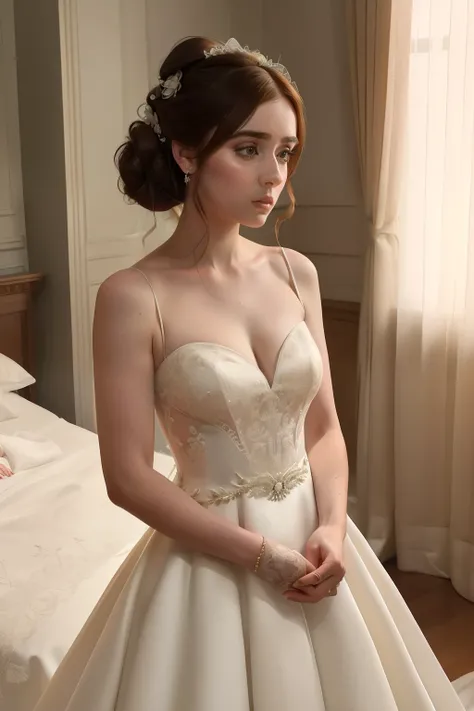 year: 2023. Location: madrid. Pre-Raphaelite scene with a 32-year-old Lilly Collins, Luxurious room, ((((panic attack)))), panicky, nervous, ((((2020s simple Wedding Dress)))) ((Hairstyle of the 2020s, bare Low bun)), ((("OMITB" cinematography)))