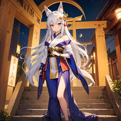 masterpiece best quality　mid night　Fox-eared beauty　Cute girl with silver hair　Priestess clothing　　torii gate　stairway　　Fantastical　Mystical　Wonderland　Taiko Bridge in the city of Kyoto　a river　The Afterlife and This World