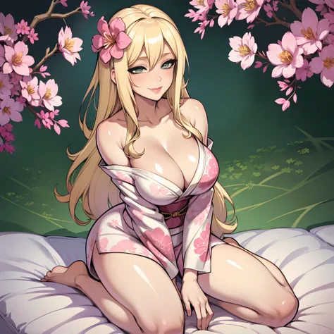 Single Female, Long Blonde Hair, Large chest, Patterned kimono, Kneeling on bed, Seductive smile, Blushing, (Solo), Bare legs, cleavage, tits out, Shiny silk kimono, Patterned kimono, flower in hair, Full lips, (shiny) (Glossy white kimono with gold and pi...