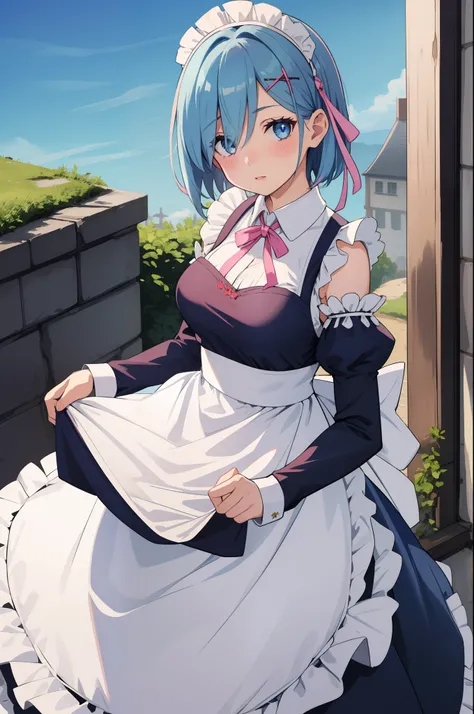 1girl, solo, breasts, looking at viewer, blush, short hair, blue eyes, hair ornament, dress, ribbon, medium breasts, blue hair, hair ribbon, outdoors, detached sleeves, sky, day, hair over one eye, apron, blue sky, maid, maid headdress, x hair ornament, pi...