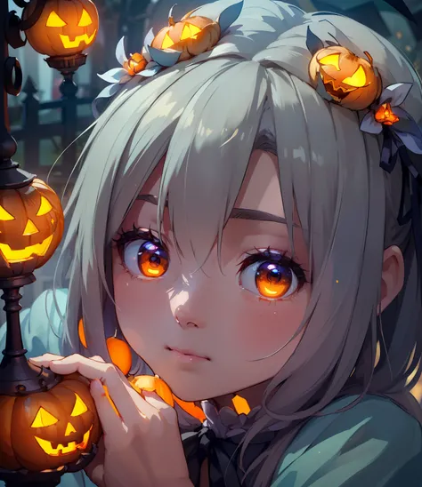 (masterpiece、top-quality、top-quality、Beautifully Aesthetic:1.2)、(((Girl in cute glowing jack lantern head)))、((I cant see the girls face))、halloween night、ighly detailed、colourfull、highestdetailed,Russian beauty model