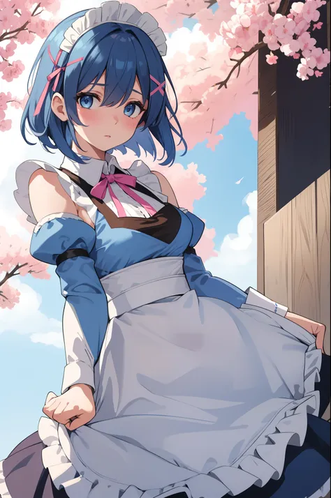 1girl, solo, breasts, looking at viewer, blush, short hair, blue eyes, hair ornament, dress, ribbon, medium breasts, blue hair, hair ribbon, outdoors, detached sleeves, sky, day, hair over one eye, apron, blue sky, maid, maid headdress, x hair ornament, pi...