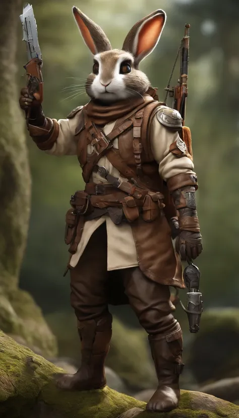 Anthropomorphic, Adventurous bunny, goggles, Rabbit head and rabbit tail, Dressed in an explorers suit, Features Tomb Raider and Assassins Creed-inspired costume designs and intricate costume details,Warhammer fantasy RPG roadman adventurers outfit and out...