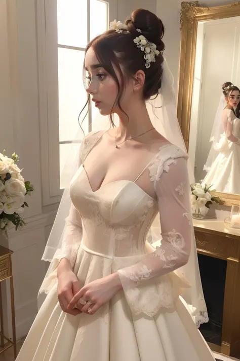 year: 2023. Location: madrid. Pre-Raphaelite scene with a 32-year-old Lily Collins, Luxurious room, ((((panic attack)))), panicky, nervous, ((((2020s simple Wedding Dress)))) ((Hairstyle of the 2020s, bare Low bun)), ((("OMITB" cinematography)))