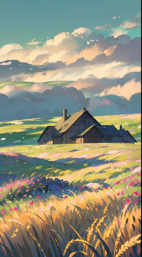 Minimalist art style，Clear bright sky，A very distant perspective，In the wheat field。Anime characters，ultra - detailed，Highly realistic，tmasterpiece，8K，hyper HD，，Overlooking