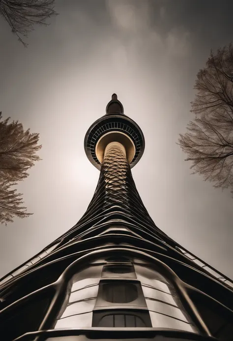 ((skytree)) Looking up from directly below, early morning, ((Morning sun shining)), Core Low Key, top-quality, Hyper-Resolution, Hyper-Realism, sharpness