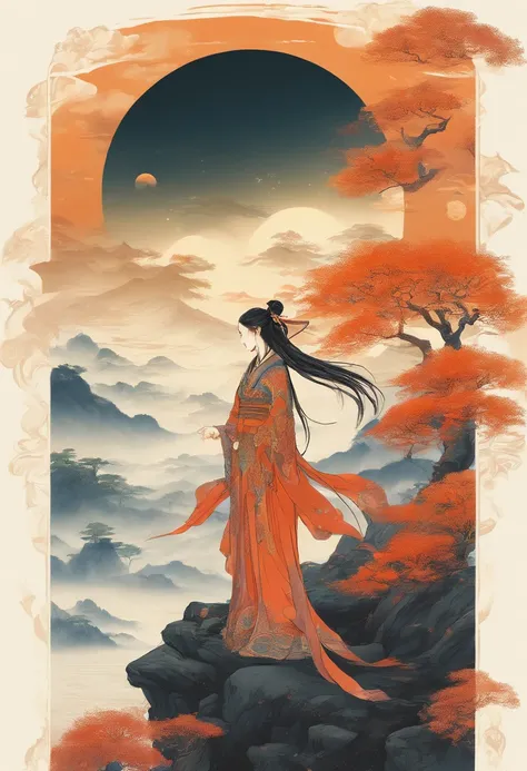 Tang dynasty style，A cliff illuminated by a huge moon，Woman standing on the edge of a cliff，Ultra-long-range viewing angle，orange tint，There is a woman in the painting，long  white hair，swordsmen， A long sword，the night，2D，realistic detail, k hd