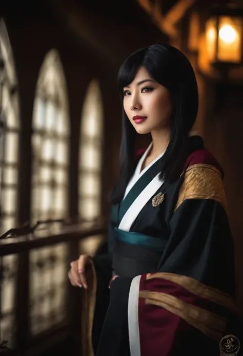 beautiful Japanese woman, black hair, straight bob hairstyle, Universal Studios, Hogwarts cosplay, highres, ultra-detailed, vivid colors, studio lighting, portraits