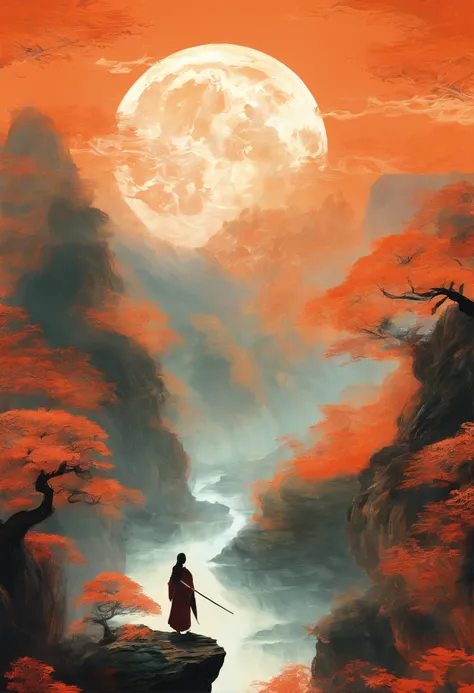 Tang dynasty style，A cliff illuminated by a huge moon，Woman standing on the edge of a cliff，Ultra-long-range viewing angle，orange tint，There is a woman in the painting，long  white hair，swordsmen， A long sword，the night，2D，realistic detail, k hd