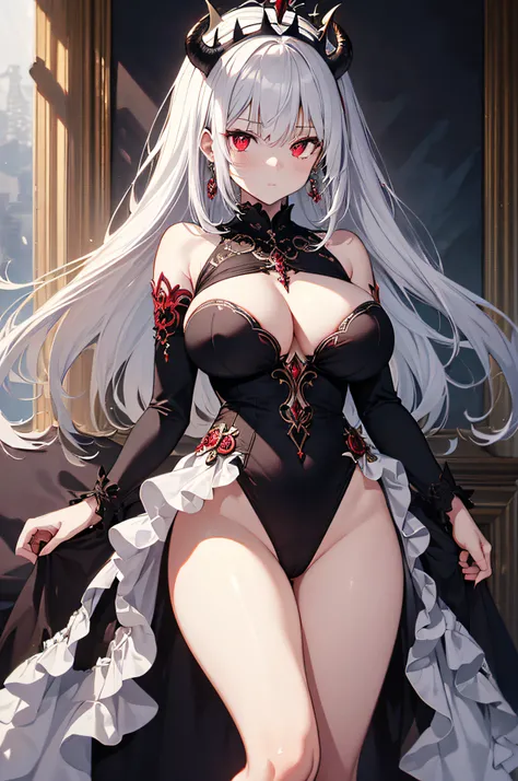 (best quality,ultra-detailed,highres:1.2),1 young girl,white hair,dark red eyes (darkred eyes:1.1),dark aura(aura:1.1),(mysterious,haunting:1.1) atmosphere,looks like a half demon,(demonic features,demon-like characteristics),(elaborate,ornate) earring,(da...