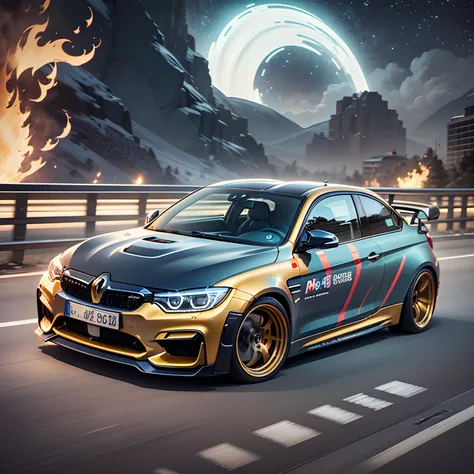 perfect merge of Renault R5 turbo and BMW M4, led, Cinematic Character, Dynamic Movement through a Night Scape of Darkness & Fire, Highly Detailed and Intricate, Haunting, Stunning, UHD, 32k, 12k, 8k, High details, Sharp Lines, Perfect Render, Cinematic Sh...