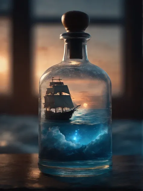 a glass bottle on its side containing a translucent blue nebula Sea + Majestic Pirate Ship, ethereal, Cinematic, backlit, eerie Trending on Artstation, ultra detailed, matte painting, photo, arnold renderer --test --creative --upbeta