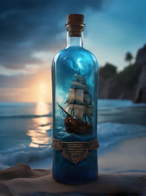 a glass bottle on its side containing a translucent blue nebula Sea + Majestic Pirate Ship, ethereal, Cinematic, backlit, eerie Trending on Artstation, ultra detailed, matte painting, photo, arnold renderer --test --creative --upbeta