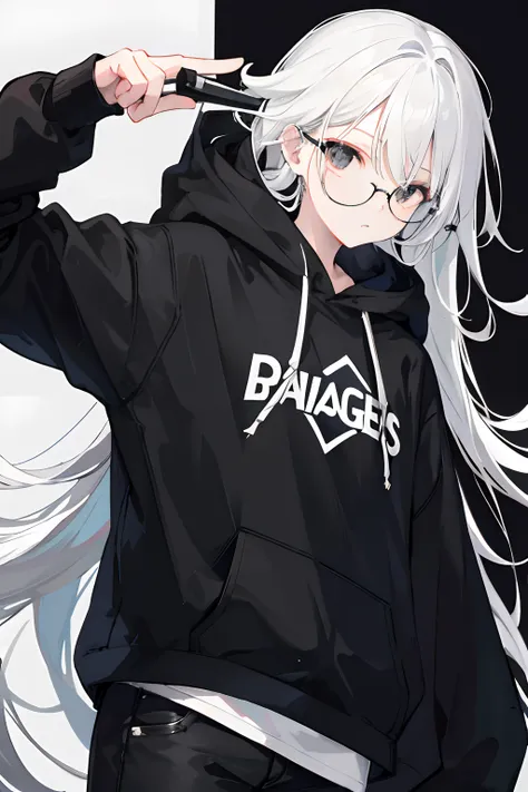 Girl, Long Black Hair /w 1 white hair pin, Black Glasses, Black eyes, Hoodie on his head, Black Hoodie, Black Jeans, High quality, HD