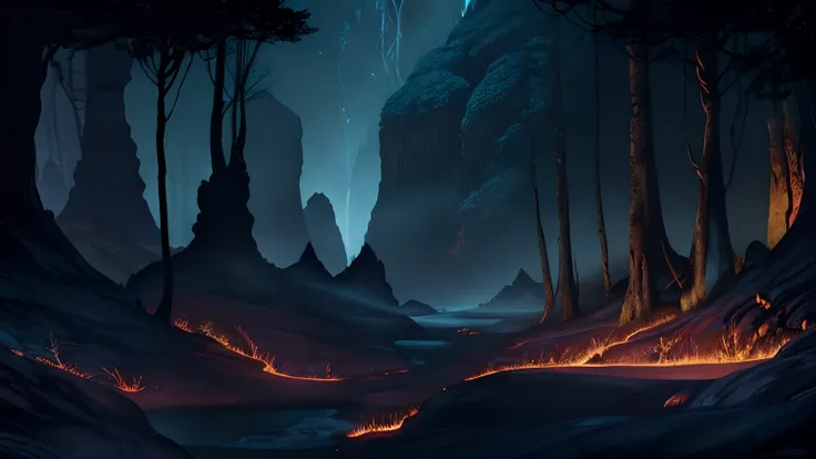 Abstract image of a forest with a lot of trees, Cave background, Background of the 2D game, Dark gloomy cave background, videogame background, Lava River Background, dungeon background, Cave Wall, The Valley of the Cursed Background, Prehistory of the Moun...