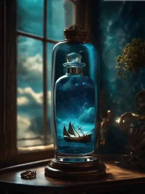 A glass bottle of perfume，The side contains a translucent sea of blue nebulae + Majestic pirate ship, Ethereal, Cinematic, The light from the back window is backlighted, Creepy art station trends, Ultra detailed, Matte painting, Photo, Arnold renderer --te...