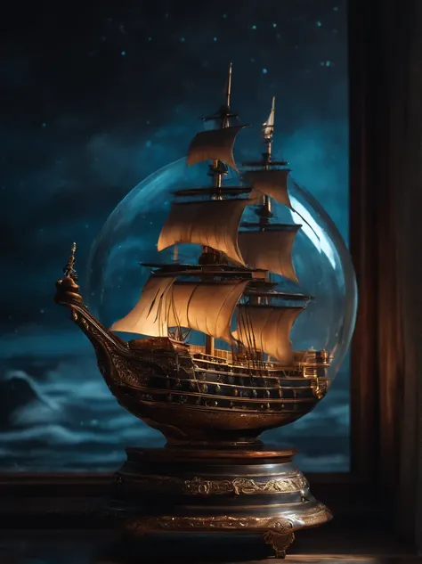 A glass bottle of perfume，The side contains a translucent sea of blue nebulae + Majestic pirate ship, Ethereal, Cinematic, The light from the back window is backlighted, Creepy art station trends, Ultra detailed, Matte painting, Photo, Arnold renderer --te...