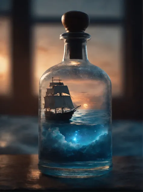 a glass bottle on its side containing a translucent blue nebula Sea + Majestic Pirate Ship, ethereal, Cinematic, backlit, eerie Trending on Artstation, ultra detailed, matte painting, photo, arnold renderer --test --creative --upbeta