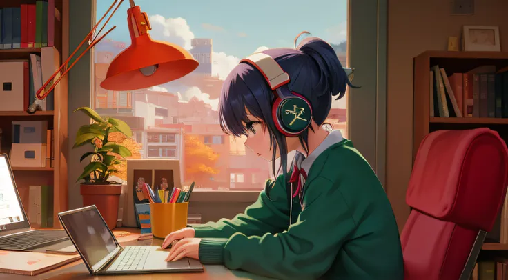 Anime girl sitting at a desk with a laptop and headphones in, Chica CERO, Elogio Artstyle, Retrato de Lofi, arte lofi, Lofi Sensation, Cero, CERO vibraciones, Chillhop, lofi girl aesthetic, Arte lo-fi, CERO colores, lo-fi illustration style, Hip Hop Lofi, ...