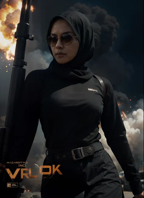 Medium breasted malay woman in hijab, sunglasses, sci-fi, with gun, explosions behind, movie poster, cinematic lighting, smoke effect at the bottom, movie shot framing, high quality, ultra detail, 8k, movie poster composition,