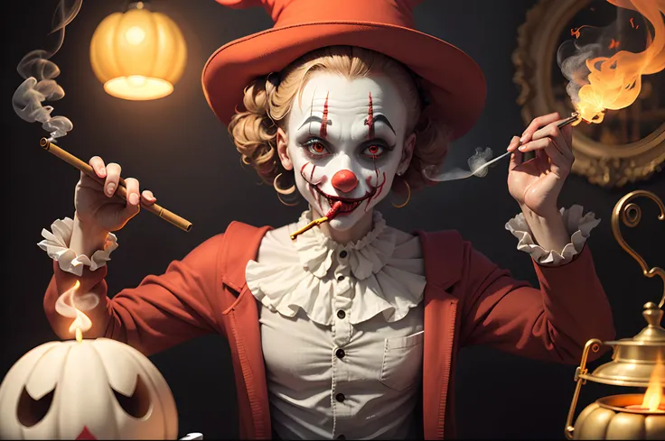 Spooky funny clown smoking an oil burner