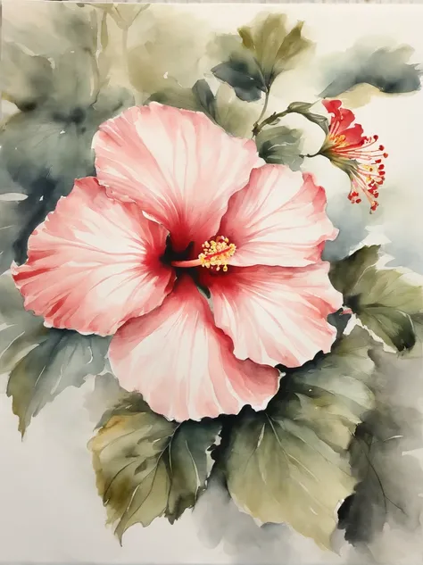 China-style，ink and watercolor painting，Hibiscus flower，Elegant lines，masterful art