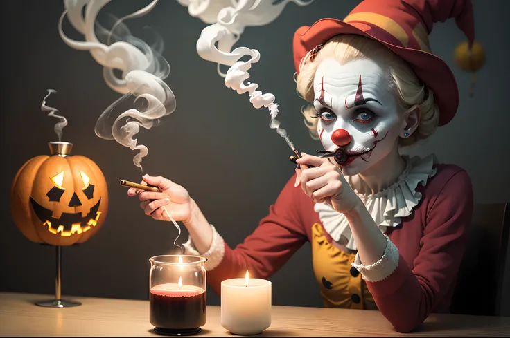 Spooky funny clown smoking an oil burner