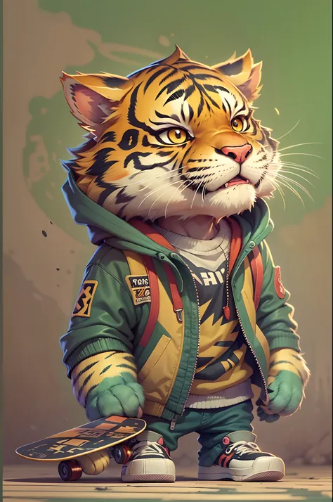 Cartoon tiger with jacket and skateboard