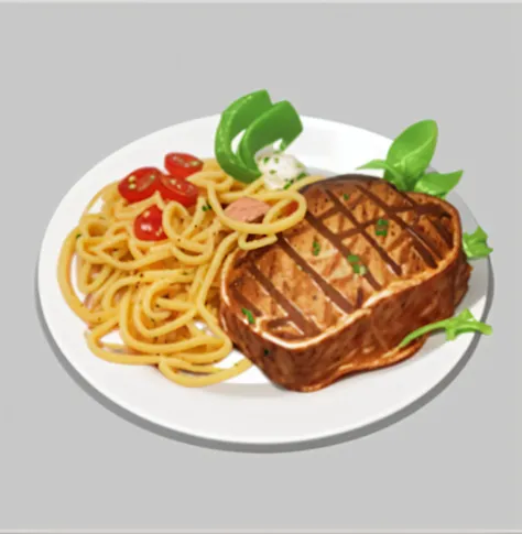 Steak pasta，Authentic texture，Appetite，delicacies，low polygon，stylised，3D modeling，solid