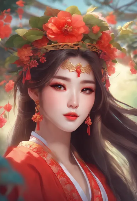 (chinese-culture,surreal,anime,girl,beautiful eyes,beautiful lips,colorful outfit,flowing hair,flower crown,sharp focus,comic style,soft shading,vivid colors,interesting background) (best quality,highres,ultra-detailed)