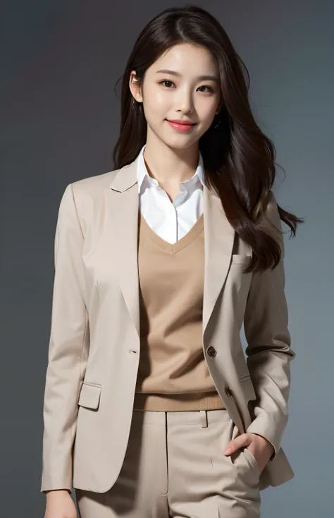 Best quality,masterpiece,ultra high res,(photorealistic:1.4),1girl, in studio, pastel gray background, wearing Brown color formal blazer, fall clothes, gentle smile