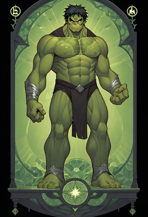 1 Hulk, From the American comic book superhero, Full body standing painting, (((独奏))), Clear facial features, Simple line design, ((tarot card background, symmetric beauty)), perfectly symmetrical, The art of symmetry, Standing drawings of characters, ((fl...