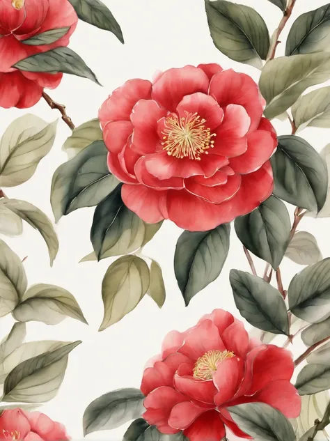 Fine depiction，China-style，ink and watercolor painting，（Red camellia），Elegant lines，meticuloso，masterful art