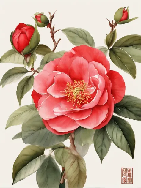 Fine depiction，China-style，ink and watercolor painting，（Red camellia），Elegant lines，meticuloso，masterful art