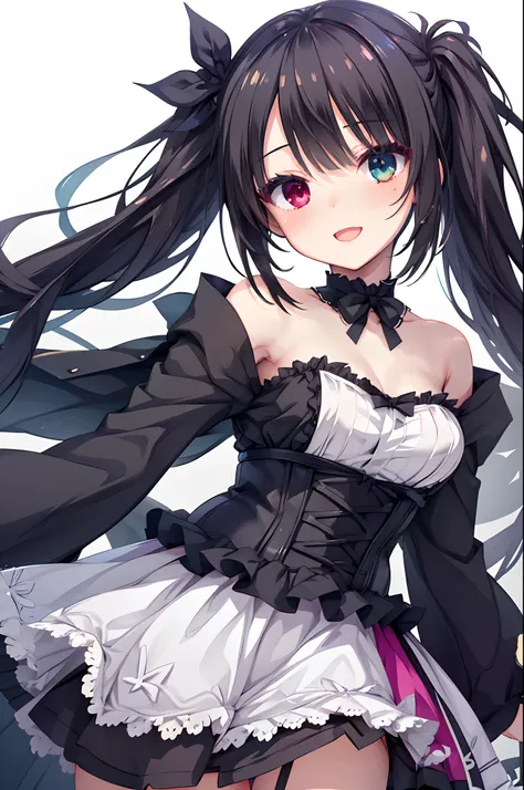 mesugaki,black fantasy clothes,corsets,twintails with black hair,(heterochromia),blushed face，smile with open mouth,white backgr...