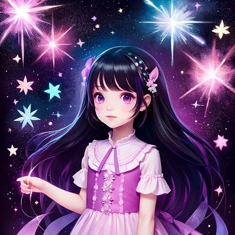 magical little girl、A dark-haired、Long、Pink and purple、kosmos、Fantastical、1girl、illustratio