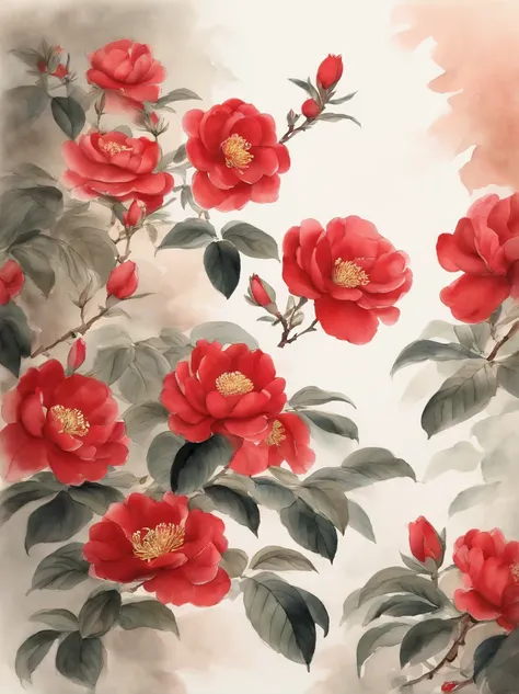 Fine depiction，planar，China-style，ink and watercolor painting，（Red camellia），Elegant lines，meticuloso，Superb hand-painted