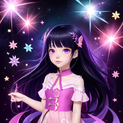 Anime girl with long black hair and purple dress with cane, anime girl with cosmic hair, anime moe art style, anime style 4 k, beautiful anime style, beautiful anime art style, anime style portrait, portrait anime space cadet girl, anime art style, Anime s...