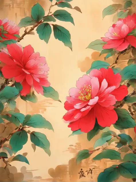 Fine depiction，planar，China-style，ink and watercolor painting，（Red camellia），Elegant lines，meticuloso，Superb hand-painted