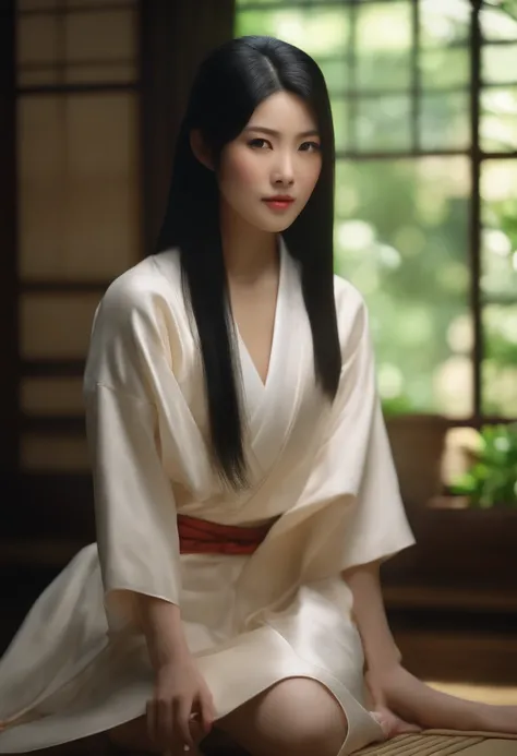 (best quality, highres,masterpiece:1.2),ultra-detailed,(realistic,photorealistic,photo-realistic:1.37), traditional Japanese female, black hair, straight bob, self-portrait, in her own room, soft lighting, Japanese-style backdrop, serene expression, peacef...