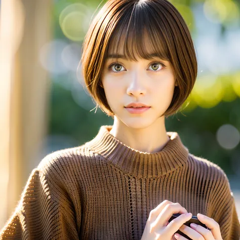 short-hair&Summer knitwear in white、Japan woman with da Vincis notebook in the background、a 20 yo woman、Half Woman、summer knit、shorth hair、short hair with bangs、Cute face girl、Cute little face in portrait、French Bob、pale fair skin!!,short brown hair and la...