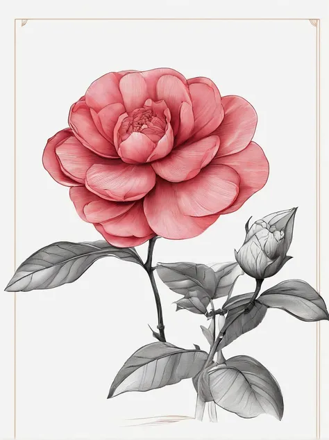 Fine depiction，planar，China-style，ink and watercolor painting，（Red camellia），Elegant lines，meticuloso，Superb hand-painted