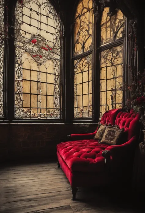 Medieval house，red sofa，Red curtains，The light is dim，classical，noble，run-down，desolated，Gold-framed windows，Withered trees，Withered yellow sky