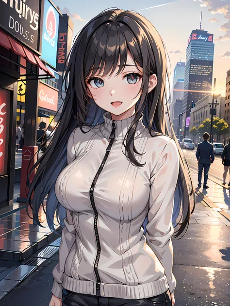 (1girl:1.3, solo), (Masterpiece, best quality, photorealistic, highres, photography, :1.3), ultra-detailed, sharp focus, professional photo, commercial photo, (upper body:1.3), (standing at downtow street), (((starring at the viewer:1.5))), (arms behind ba...