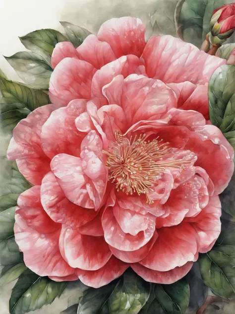 Fine depiction，planar，China-style，ink and watercolor painting，（Red camellia），Elegant lines，meticuloso，Superb hand-painted