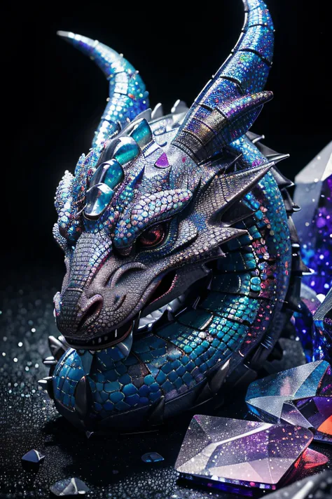 The Angry Dragon Spirit Made of Crystal, very realistic and detailed. The texture of its scales is beautiful. Its very colorful and flashy. A swirl of color that is beautiful, detailed as powder. Avec la galaxie